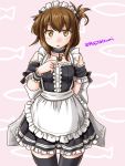  1girl alternate_costume anchor apron black_choker black_dress black_legwear breasts brown_eyes brown_hair choker collarbone cowboy_shot dress enmaided fish_background folded_ponytail frilled_apron frills inazuma_(kantai_collection) kantai_collection long_hair looking_at_viewer maid maid_headdress open_mouth pink_background small_breasts solo standing tatsumi_ray thighhighs twitter_username white_apron wrist_cuffs 
