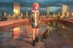  1girl cat cityscape commentary hands_in_pockets highres hood hoodie looking_to_the_side orange_hair original outdoors reflection rooftop scenery short_hair short_shorts shorts sunset tokunaga_akimasa wet_ground 