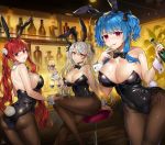  3girls ahoge alcohol animal_ears ass azur_lane bangs bare_shoulders black_footwear black_leotard black_neckwear blue_hair blush bottle bow bowtie breasts brown_legwear bunny_ears bunny_girl bunny_tail bunnysuit champagne cleavage closed_mouth covered_navel detached_collar eyebrows_visible_through_hair fake_animal_ears finger_to_mouth gijang holding holding_bottle honolulu_(azur_lane) indoors large_breasts leotard looking_at_viewer multicolored_hair multiple_girls open_mouth pantyhose parted_lips pink_eyes prinz_eugen_(azur_lane) red_eyes red_hair shiny shiny_skin sidelocks signature silver_hair sitting skindentation st._louis_(azur_lane) standing strapless strapless_leotard streaked_hair sweat swept_bangs tail tongue tongue_out twintails two_side_up wrist_cuffs yellow_eyes 