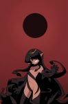  1girl black_hair dark_skin female grin hair_over_one_eye harusame10000 long_hair monster_girl navel original pointy_ears red_background smile snake_hair solo third_eye 