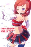  1girl 2018 bare_shoulders blue_legwear blue_skirt blush character_name closed_mouth dated elbow_gloves eyebrows_visible_through_hair gloves headset highres love_live! love_live!_school_idol_project midriff mismatched_legwear nishikino_maki one_eye_closed purple_eyes red_hair sen_(sen0910) short_hair simple_background skirt smile solo strapless thighhighs tubetop white_background white_gloves white_legwear 