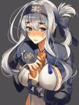  1girl ainu_clothes amakaze arm_warmers between_breasts blue_capelet blue_eyes blue_headband breasts capelet carrot embarrassed folded_ponytail grey_background headband highres kamoi_(kantai_collection) kantai_collection large_breasts long_hair looking_at_viewer noseblush oekaki pelvic_curtain sexually_suggestive sideboob silver_hair simple_background solo sweatdrop thick_eyebrows upper_body 