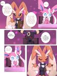  2019 ambiguous_gender anthro blue_eyes bow breasts brown_fur canid canine clothing comic crossed_arms dialogue digital_media_(artwork) eeveelution english_text fur group hi_res inside km-15 lagomorph lopunny mammal nintendo pen pink_eyes pok&eacute;mon pok&eacute;mon_(species) red_eyes ribbons sitting sylveon text umbreon video_games waiter 