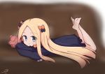  1girl abigail_williams_(fate/grand_order) bangs barefoot black_bow black_dress blonde_hair blue_eyes blush bow bug butterfly closed_mouth commentary_request crossed_arms dress eyebrows_visible_through_hair fate/grand_order fate_(series) forehead hair_bow insect kujou_karasuma legs_up long_hair long_sleeves looking_at_viewer lying no_hat no_headwear on_stomach orange_bow parted_bangs signature sleeves_past_fingers sleeves_past_wrists smile soles solo stuffed_animal stuffed_toy teddy_bear very_long_hair 