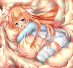  1girl absurdres animal_ear_fluff animal_ears blonde_hair blue_eyes blue_jacket blue_legwear blush child cloud commentary_request fang fox_ears fox_girl fox_tail hair_between_eyes highres huge_filesize jacket kyuubi large_tail long_hair looking_at_viewer macaroni710 multiple_tails open_mouth original smile solo straddling striped striped_legwear tail tail_hold tail_hug thighhighs very_long_hair 