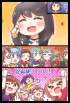  &gt;_&lt; 6+girls :d ;3 ;d \o/ ^_^ absurdres aoba_moka aqua_hair arms_up bang_dream! bangs black_hair black_jacket blue_hair blush braid brown_hair bubble_background closed_eyes clothes_writing comic confetti crying cup emphasis_lines eyes_closed glasses green_eyes green_ribbon hair_flaps hair_ornament hair_ribbon hand_on_own_chest happy_tears highres hikawa_hina hikawa_sayo holding holding_cup ichigaya_arisa imai_lisa jacket jitome kyou_(user_gpks5753) long_hair long_sleeves matsubara_kanon multiple_girls notice_lines one_eye_closed one_side_up open_mouth outstretched_arms pink_hair pink_shirt ponytail purple_eyes purple_hair purple_shirt red-framed_eyewear red_eyes red_shirt ribbon semi-rimless_eyewear seta_kaoru shirt short_hair side_braids smile sparkle striped striped_shirt t-shirt tears tsukishima_marina twin_braids twintails u_u uehara_himari under-rim_eyewear ushigome_rimi wakamiya_eve wiping_tears x_hair_ornament xd yamabuki_saaya yamato_maya yellow_ribbon yellow_shirt 