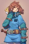  1girl arm_strap arm_warmers artist_name belt belt_pouch blue_dress blue_gloves blue_scarf brown_hair cowboy_shot creature dagger dress gloves kaze_no_tani_no_nausicaa kyoshinhei looking_to_the_side medium_hair nausicaa pants pouch rousteinire scarf sheath sheathed smile solo_focus standing studio_ghibli weapon white_pants yellow_eyes 