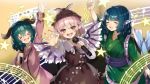  &gt;_&lt; 3girls animal_ears arm_up beamed_eighth_notes bird_wings blue_hair blush bow commentary_request dress drill_hair eighth_note eyes_closed fingernails green_hair green_kimono hat head_fins holding holding_microphone japanese_clothes kasodani_kyouko kimono lightning_bolt long_sleeves looking_at_viewer mermaid microphone monster_girl multiple_girls music musical_note mystia_lorelei obi open_mouth outstretched_hand pink_dress pink_eyes pink_hair piyodesu quarter_note sash sharp_fingernails singing staff_(music) star touhou treble_clef wakasagihime wings 