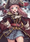  +_+ 1girl artist_name belt bicorne black_cape black_coat black_hat blue_eyes blue_skirt blush braid cape coat collared_coat commentary_request cowboy_shot cravat cuffs cutlass_(sword) dated epaulettes frilled_sleeves frills hair_ornament hairclip hand_on_hip hat highres katou_marika long_hair looking_at_viewer miniskirt_pirates open_clothes open_coat open_mouth pink_hair pirate pirate_hat pirate_ship pleated_skirt sidelocks signature skirt skull_and_crossbones smile solo standing suzuno_(bookshelf) thick_eyebrows very_long_hair 