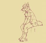  anthro canid canine canis collar domestic_dog male mammal monochrome notched_ear nude reservoirdog_(artist) scar sitting sketch solo whiskers 