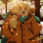  0119_muu anthro blush canid canine canis clothing cusith domestic_dog humanoid_hands male mammal outside scarf slightly_chubby solo sweater tokyo_afterschool_summoners video_games 
