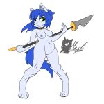  2019 alon alonwoof anthro bare_sands barefoot big_breasts blue_hair blue_tail breasts canid canine canis casual_nudity digital_media_(artwork) female fluffy fluffy_tail fur gc-mia green_eyes hair hi_res looking_at_viewer mammal melee_weapon naginata nipples nude polearm pussy simple_background slightly_chubby solo standing thick_thighs video_games weapon white_fur wolf 