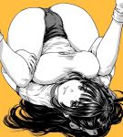  1girl ass breasts buruma commentary_request folded gym_uniform highres knees_on_chest large_breasts legs legs_up long_hair looking_at_viewer looking_back lying on_back oobanburumai original partially_colored simple_background socks solo upside-down yellow_background 