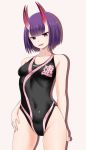  1girl black_swimsuit bob_cut breasts competition_swimsuit contrapposto covered_navel cowboy_shot fang fate/grand_order fate_(series) fuuma_nagi grey_background highleg highleg_swimsuit looking_at_viewer one-piece_swimsuit oni_horns open_mouth purple_eyes purple_hair short_hair shuten_douji_(fate/grand_order) simple_background small_breasts solo speedo_(company) swimsuit upper_teeth 