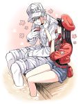  1boy 1girl bare_legs baseball_cap belt black_hair blush breasts cabbie_hat collared_shirt couple denim denim_shorts eating fanny_pack flower gloves handkerchief hat hataraku_saibou hetero jacket long_hair long_sleeves looking_at_another medium_breasts misuki_op1155 name_tag nt-4201 one_eye_closed pants pants_rolled_up partially_submerged red_blood_cell_(hataraku_saibou) red_hat shirt short_shorts shorts simple_background sitting sleeves_rolled_up straight_hair t-shirt thighs u-4989 white_blood_cell_(hataraku_saibou) white_gloves white_hair white_hat white_skin wiping_face 