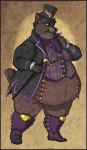  anthro belly belly_overhang big_belly black_fur boots cane canid canine canis chubby_cheeks classy clothed clothing cravat double_chin footwear fur hat holding_object legwear male mammal moobs obese obese_male overweight overweight_male smile smirk solo standing suit thick_thighs thigh_high_boots top_hat vest wolf zenithfoxie 