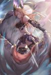  1girl breasts brown_hair cape_removed detached_sleeves granblue_fantasy hair_ornament highres large_breasts limitless_skye long_hair midriff navel shorts song_(granblue_fantasy) thighhighs yellow_eyes 