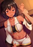  1girl bare_shoulders black_hair blush brown_eyes character_request commentary_request dark_skin detached_sleeves highres medium_hair midriff momo_no_kanzume navel open_mouth original partial_commentary wide_sleeves wrist_grab 