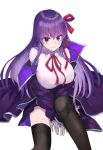  1girl bb_(fate)_(all) bb_(fate/extra_ccc) black_legwear bow breasts fate/extra fate/extra_ccc fate/grand_order fate_(series) gloves hair_ribbon highres jjeono large_breasts long_hair purple_eyes purple_hair ribbon sitting thighhighs white_background 