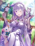  1boy 1girl cat emilia_(re:zero) highres natsuki_subaru puck_(re:zero) purple_eyes re:zero_kara_hajimeru_isekai_seikatsu silver_hair tagme 