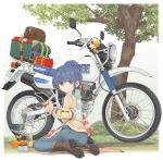  1girl blue_hair boots commentary_request cup denim eyebrows_visible_through_hair eyes_visible_through_hair ground_vehicle hair_bun highres holding ichigotofu jeans kneeling motor_vehicle motorcycle pants portable_stove scarf shima_rin solo suzuki tree yurucamp 