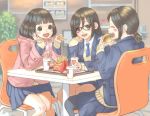  3girls anyasu black_hair black_legwear blazer blurry blurry_background blush bob_cut brown_eyes commentary eating eyes_closed food french_fries glasses hamburger highres jacket long_hair mcdonald&#039;s multiple_girls original pantyhose ponytail school_uniform short_ponytail sitting sleeves_past_wrists table 