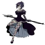  1girl afuro_(did) breasts chrome_dokuro commentary_request dress eyepatch heart katekyo_hitman_reborn! looking_at_viewer lowres polearm purple_eyes purple_hair short_hair simple_background skull solo thighhighs trident unmoving_pattern weapon white_background 