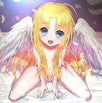  1girl angel_wings bed_sheet blonde_hair blue_eyes blush breasts feathers firo_(tate_no_yuusha_no_nariagari) full_body hair_over_breasts happy looking_at_viewer navel nude on_bed open_mouth seiza sitting small_breasts smile solo stomach tate_no_yuusha_no_nariagari wings 