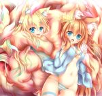  2girls absurdres animal_ear_fluff animal_ears bangs bikini_top blonde_hair blue_bikini_top blue_eyes blue_jacket blue_legwear bow breasts child commentary_request fang flying_nimbus fox_ears fox_girl fox_tail front-tie_top gluteal_fold green_hair hair_between_eyes highres huge_filesize jacket kyuubi large_tail long_hair looking_at_viewer lowleg lowleg_panties macaroni710 medium_breasts multicolored_hair multiple_girls multiple_tails navel open_clothes open_jacket open_mouth original panties single_thighhigh smile standing striped striped_bikini_top striped_legwear striped_panties tail tail_hug thighhighs two-tone_hair underwear very_long_hair white_bow 