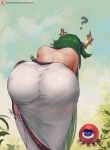  1girl ? ass back bent_over cutesexyrobutts dress eyeball from_behind goddess green_hair highres huge_ass kid_icarus kid_icarus_uprising leaf long_hair nintendo outdoors palutena plant tears tiara white_dress 