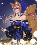  1girl animal_ear_fluff animal_ears blue_kimono breasts choker cleavage commentary_request ears_through_headwear eyebrows_visible_through_hair fate/extra fate/extra_ccc fate/grand_order fate_(series) fox_ears fox_girl fox_tail grass hair_ribbon highres japanese_clothes kimono large_breasts long_hair long_sleeves night night_sky orb outdoors pink_hair ribbon shirofugu sky smile solo tail tamamo_(fate)_(all) tamamo_no_mae_(fate) thighhighs yellow_eyes 