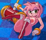  2019 amy_rose anthro areola arm_support big_areola big_breasts boots bracelet breasts clothing eulipotyphlan eyelashes footwear gloves green_eyes hairband half-closed_eyes hedgehog high_heels holding_object holding_weapon jewelry legs_up mammal mostly_nude nipples open_mouth piko_piko_hammer pussy reclining shoes sonic_(series) watermark weapon zaboom 