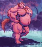  anthro balls bathing belly big_penis brosb4does butt chernobog chest_tuft demon facial_hair flaccid hairy horn hot_spring male musclegut navel nipples nude pecs penis tokyo_afterschool_summoners towel tuft video_games water 
