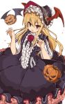  1girl bat bat_wings blonde_hair blush bonnet center_frills claw_pose dress fang flower frilled_dress frilled_headband frilled_skirt frilled_sleeves frills gothic_lolita hair_between_eyes hair_ornament head_wings jack-o&#039;-lantern lolita_fashion long_hair looking_at_viewer murakami_meishi open_mouth petticoat pointy_ears puffy_sleeves purple_dress red_eyes red_flower red_rose rose shingeki_no_bahamut skirt smile solo_focus vampy wings 