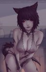 1girl animal_ears au_ra bangs bare_shoulders bikini biting black_hair blurry blurry_background blush breasts cat_ears cleavage closed_mouth collarbone commission dragon_tail earrings final_fantasy final_fantasy_xiv hybrid indoors jewelry leaning_forward lip_biting lips looking_at_viewer medium_breasts miqo&#039;te navel nipple_piercing nipples piercing red_eyes scales see-through short_hair slit_pupils solo soranamae swimsuit tail 