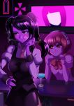  2girls after_kiss android bangs bartender black_hair breasts cigarette cocktail cocktail_glass commentary cup cyberpunk dorothy_(va-11_hall-a) drinking_glass embarrassed english_commentary julianne_stingray juliet_sleeves lipstick_mark long_hair long_sleeves medium_breasts multiple_girls necktie pantyhose pencil_skirt puffy_sleeves red_eyes robot_ears short_hair skirt smoking steepled_fingers steve_chopz swept_bangs tsundere twintails va-11_hall-a yuri 