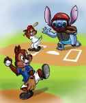  2019 3_toes 4_fingers absurd_res alien anthro armor ball baseball_(ball) baseball_(sport) baseball_base baseball_bat baseball_cap baseball_glove baseball_uniform bat_(object) black_nose blue_body blue_claws blue_eyes blue_nose blue_pawpads brown_fur buckteeth chest_tuft chip_&#039;n_dale_rescue_rangers chip_(cdrr) chipmunk claws cleats clothed clothing crossover dale_(cdrr) disney experiment_(species) fur ground_squirrel group hat helmet hi_res home_plate lilo_and_stitch mammal notched_ear open_mouth open_smile pawpads raised_leg red_nose rodent sciurid smile sport sportswear stitch teeth toes tuft uniform zdrer456 