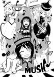  &gt;_&lt; 4girls black_hair blackcat_(pixiv) bow_(instrument) dated english_text eyebrows_visible_through_hair eyes_closed hair_between_eyes hat headband highres instrument layla_prismriver long_sleeves lunasa_prismriver lyrica_prismriver merlin_prismriver monochrome moon_(ornament) multiple_girls music musical_note one_eye_closed piano playing_instrument pound_sign shoes short_hair siblings sisters smile socks star_hat_ornament sun_(ornament) touhou trumpet violin 
