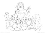  2018 ambiguous_gender anthro canid canine canis casual_nudity cub family fur group hi_res looking_at_viewer male mammal markings monochrome nude simple_background sitting size_difference sketch smile tribal url waving white_background wolf young zaush 