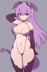  1girl arm_up bright_pupils cowboy_shot demon_girl elbow_gloves fang_out gloves grey_background halterneck horns long_hair navel original pointy_ears purple_gloves purple_hair purple_legwear purple_swimsuit slingshot_swimsuit smile solo stroma swimsuit tail thighhighs very_long_hair white_pupils 