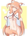  1girl animal_ear_fluff animal_ears atair bangs blush bottomless breasts breasts_apart brown_hair contrapposto cowboy_shot eyebrows_visible_through_hair fate/extra fate/extra_ccc fate/extra_ccc_fox_tail fate/grand_order fate_(series) fox_ears fox_girl fox_tail long_hair looking_at_viewer medium_breasts navel necktie open_clothes open_shirt scrunchie sidelocks smile solo standing suzuka_gozen_(fate) tail tail_censor underboob yellow_eyes 