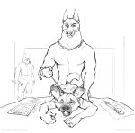  2018 abs african_wild_dog all_fours anthro anthro_on_anthro bdsm being_watched bent_over canid canine canis clothed clothing collar cum cum_in_mouth cum_inside cum_on_face desk digital_drawing_(artwork) digital_media_(artwork) doberman doggystyle domestic_dog domination duo duo_focus from_behind_position group half-closed_eyes hi_res leash leash_pull licking licking_lips male male/male male_domination male_penetrating mammal monochrome mostly_nude muscular muscular_male nude open_mouth pants pants_down partially_clothed sex shirt size_difference sketch smile submissive_male tongue tongue_out tools topless unprofessional_behavior url wrench zaush 