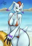  anthro bikini breasts camel_toe clothing colored_sketch digimon digimon_(species) female gomamon open_mouth outside smile solo swimsuit thick_thighs wide_hips ziyane 
