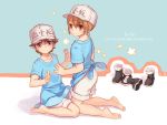  2boys barefoot baseball_cap boots_removed brown_eyes brown_hair footwear_removed hat hataraku_saibou kyouran_de_onikoushi looking_at_viewer male_focus multiple_boys platelet_(hataraku_saibou) shorts smile 