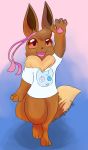  absurd_res anthro brown_eyes brown_fur clothing digital_media_(artwork) dipstick_tail eevee female fur hi_res legendary_pok&eacute;mon mew multicolored_tail nintendo pok&eacute;mon pok&eacute;mon_(species) ribbons screamoshaymin shirt signature t-shirt video_games waving 