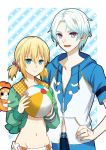  1boy 1girl ball beachball blonde_hair blue_eyes collarbone edna_(tales) eyebrows_visible_through_hair green_jacket groin hair_between_eyes hair_ornament hair_scrunchie hand_on_hip holding holding_ball jacket mikleo_(tales) navel open_clothes open_jacket polka_dot red_scrunchie saklo scrunchie short_hair short_twintails silver_hair smile striped striped_background tales_of_(series) tales_of_zestiria twintails 