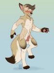  animal_genitalia animal_penis anthro balls blush canid canine canine_penis canis coyote dipstick_tail human male mammal multicolored_tail pawpads penis reservoirdog_(artist) smile solo standing_on_one_leg transformation 