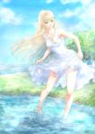  1girl akihara_kairi barefoot blonde_hair blue_eyes collarbone dress floating_hair full_body gundam gundam_wing highres leaning_forward long_hair outdoors relena_peacecraft skirt_hold sleeveless sleeveless_dress soaking_feet solo standing sundress very_long_hair white_dress 