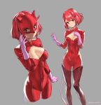  1girl athenawyrm bob_cut boots breasts cleavage cleavage_cutout cosplay eyebrows_visible_through_hair gloves homura_(xenoblade_2) looking_at_viewer mask medium_breasts nintendo persona persona_5 pink_gloves red_eyes red_footwear red_hair short_hair smile standing tail takamaki_anne takamaki_anne_(cosplay) thigh_boots thighhighs xenoblade_(series) xenoblade_2 zipper 