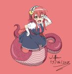  1girl 2017 blush bow cosplay crossover eyebrows_visible_through_hair fang frilled_gloves frilled_sleeves frills gloves hair_ornament happy highres kobayashi-san_chi_no_maidragon lamia long_hair long_tail maid maid_headdress miia_(monster_musume) monster_girl monster_musume_no_iru_nichijou one_eye_closed open_mouth peace_sign pointy_ears puffy_short_sleeves puffy_sleeves red_background red_bow red_hair scale short_sleeves simple_background slit_pupils snake_tail solo tail teeth white_gloves wulfsenn yellow_eyes 